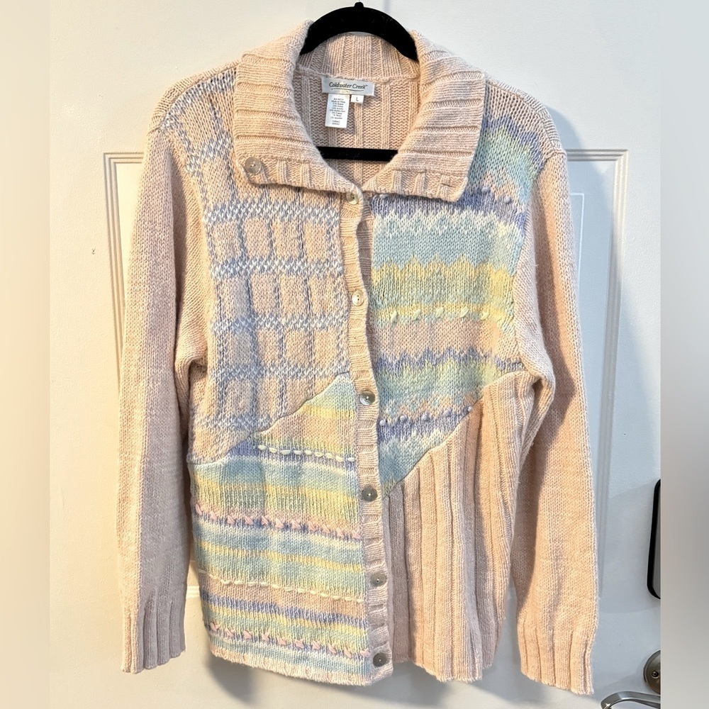 Vintage Pastel Grannycore Hand Knit Geometric Striped Cardigan Button Up Sweater